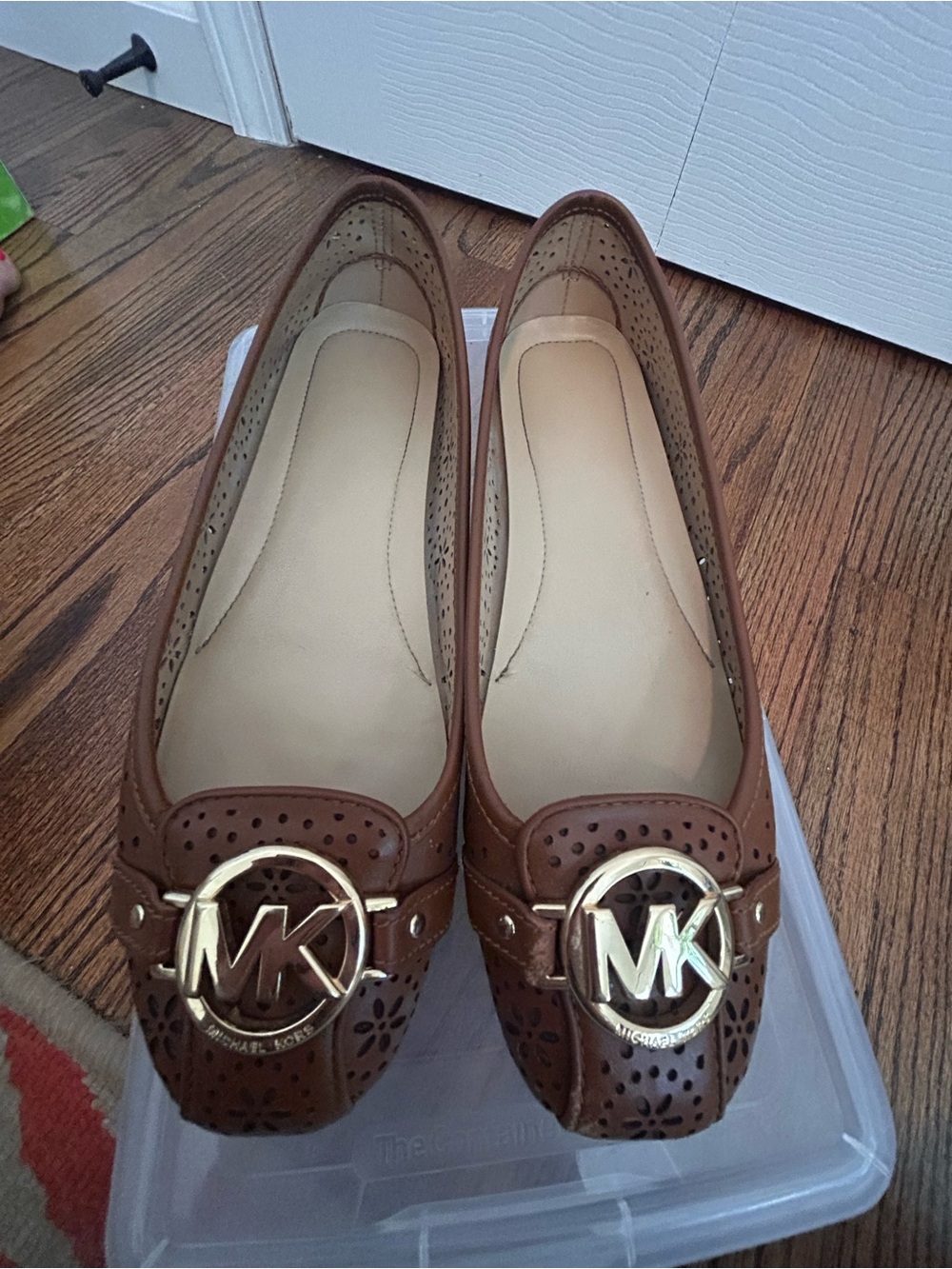 Michael Kors Brown Perforated MK Logo Leather Flats